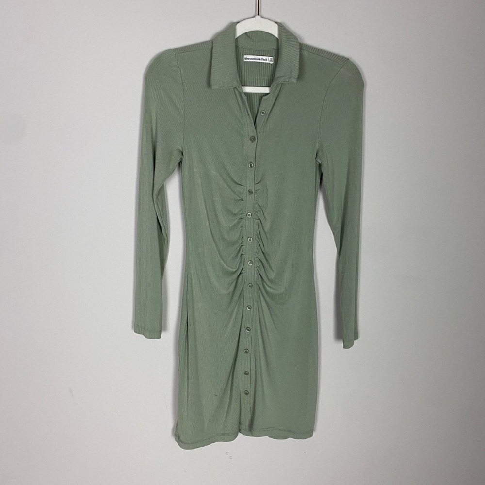 Abercrombie & Fitch Ruched Ribbed Mini Dress XS Long Sleeve Polo Preppy Bodycon